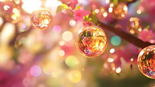 Glowing bubbles drift among dreamy pink spring blossoms