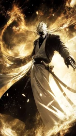 Flameborn swordsman strides through a storm of molten dusk.