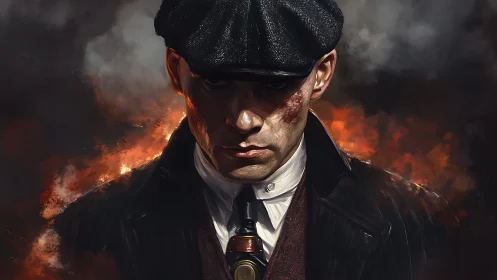 Gritty gangster portrait before burning backdrop.