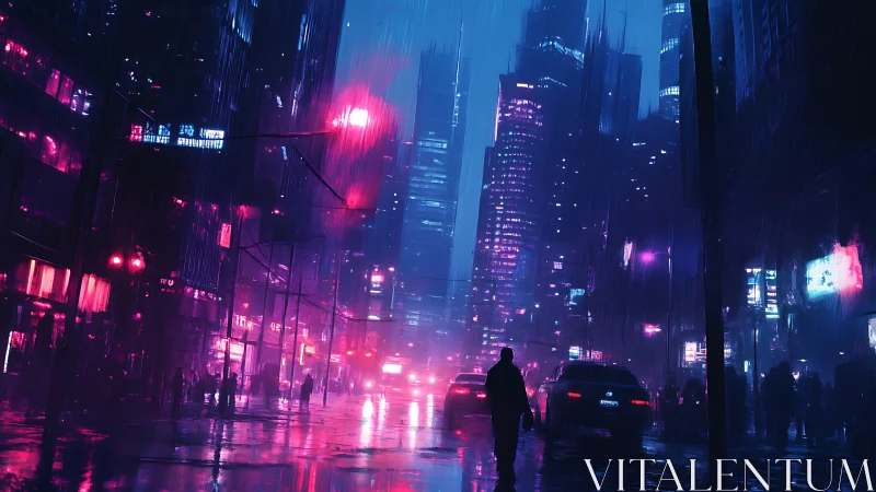 Neon rainwalkers crossing a midnight electric canyon.