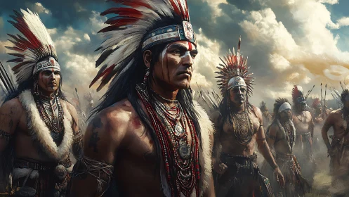 Indigenous warriors in feathered headdresses under stormy sky.