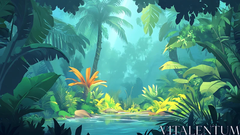 Tropical Jungle Sanctuary: Digital Landscape with Atmospheric Perspective.