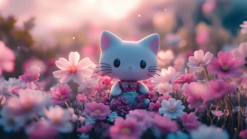 Ceramic Cat Character Positioned Among Luminous Cosmos Blossoms