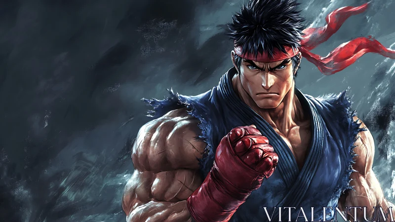 Martial artist readies a powerful punch amid swirling storm.