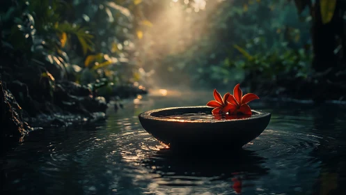 Luminous red lilies drifting in tranquil jungle stream.