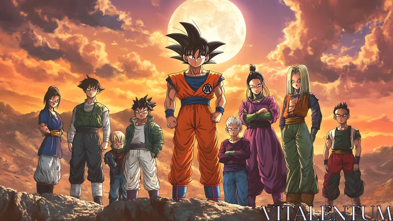 Sunset-illuminated anime heroes against full moon backdrop