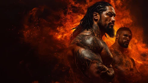 Tattooed muscular warriors posed against blazing firestorm.