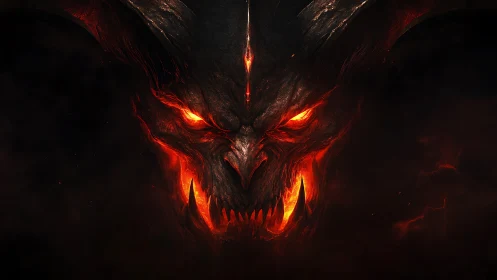 Demonic horned skull burns with molten eyes in dark void