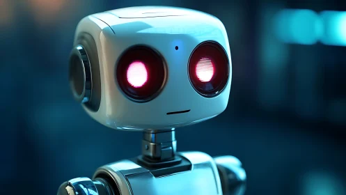 Curious little robot friend with glowing pink eyes.