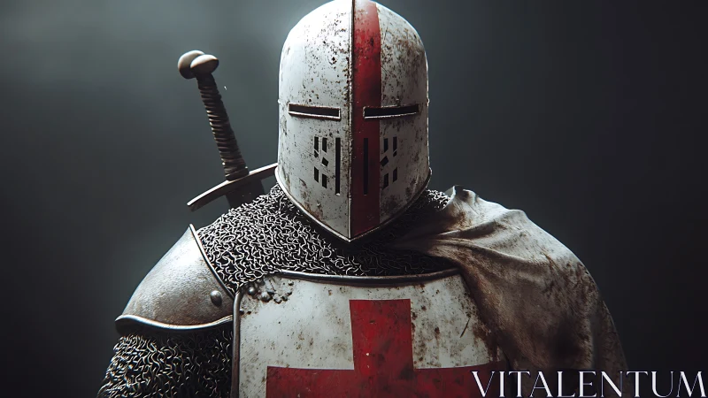 Battleworn crusader knight stands under dramatic lighting