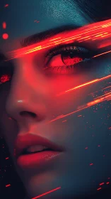 Cyberpunk portrait with neon streaks and glossy skin rendering.