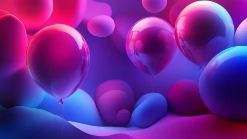 Glossy balloons in neon pink and blue abstract scene.