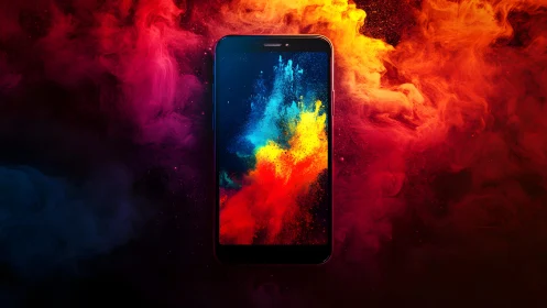 Modern smartphone with vibrant abstract color explosion background.
