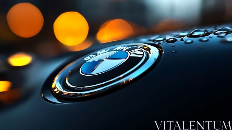 Close-up car hood emblem with raindrops and bokeh lights.