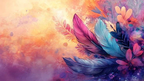 Digital illustration shows multicolored feathers and foliage