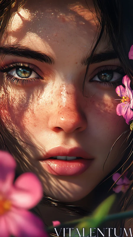 Sunlit freckles and flowers frame a gentle, thoughtful gaze