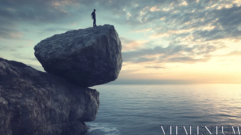Solitary figure on balanced coastal monolith at pastel sunrise.