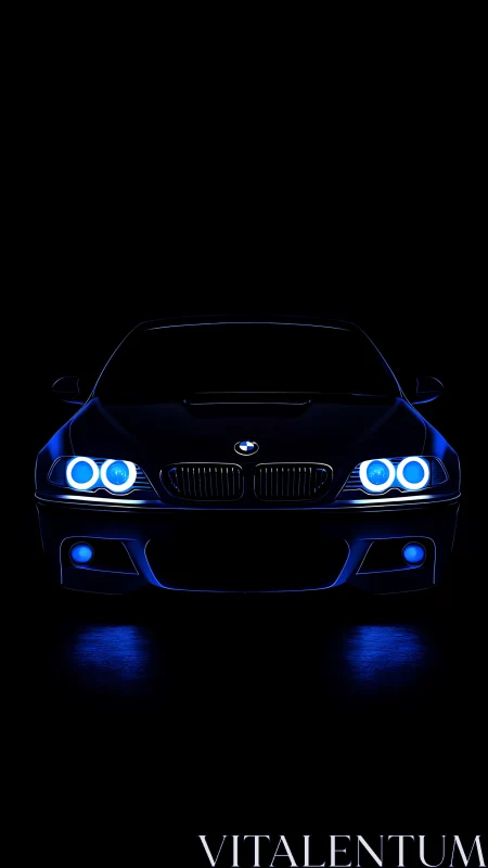 Front low‑key silhouette of sports coupe with blue LED halos