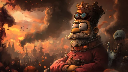 Cartoon king stands before burning steampunk city skyline