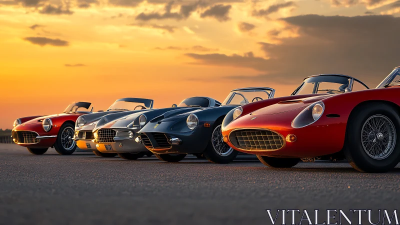 Photorealistic lineup of classic sports roadsters at sunset.