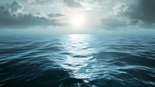 Sunlit open ocean horizon under moody cloud cover.