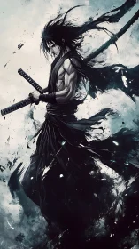 Stormlit swordsman drifting through ink-dark winds.