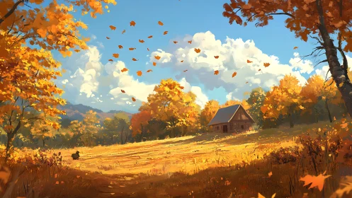 Autumn landscape shows cabin in sunlit field with falling leaves