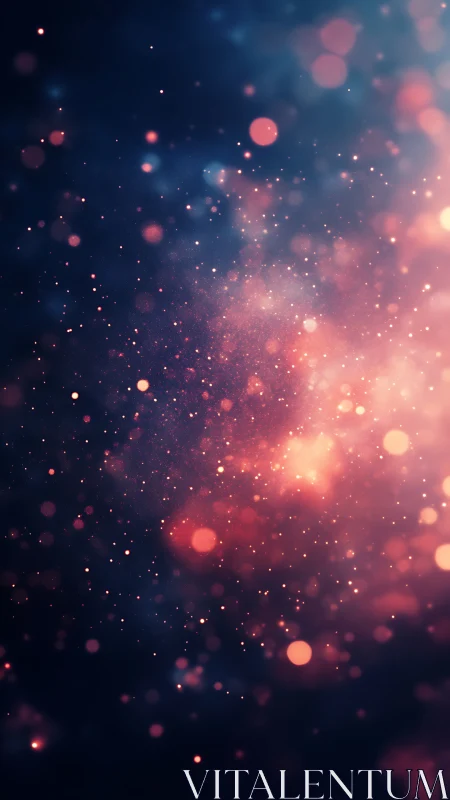 Cosmic bokeh nebula with glowing red and blue dust field.