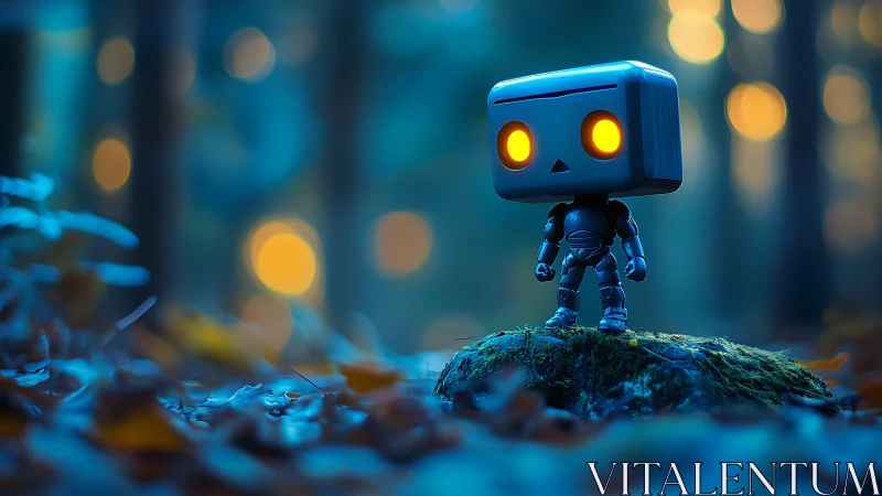 Miniature robot sentinel with emissive eyes surveys a blurred forest