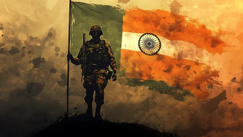 Silhouetted soldier stands before painted Indian flag backdrop