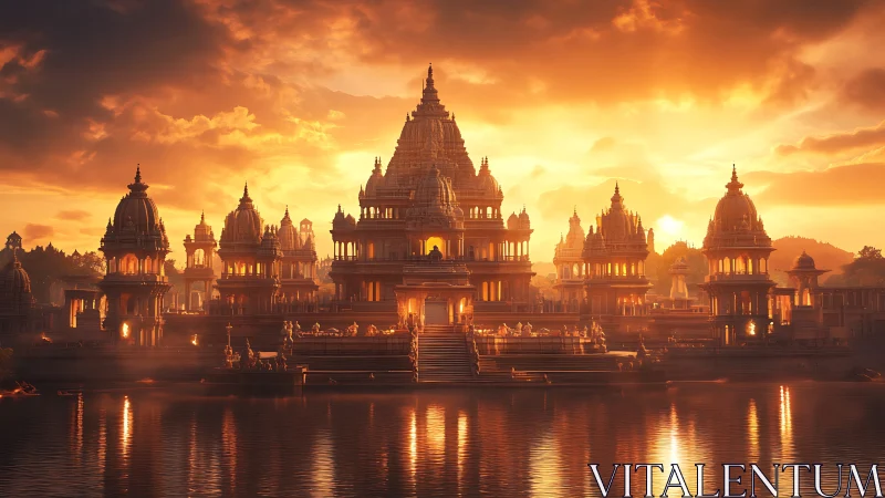 Golden temple city glows over tranquil reflective waters.