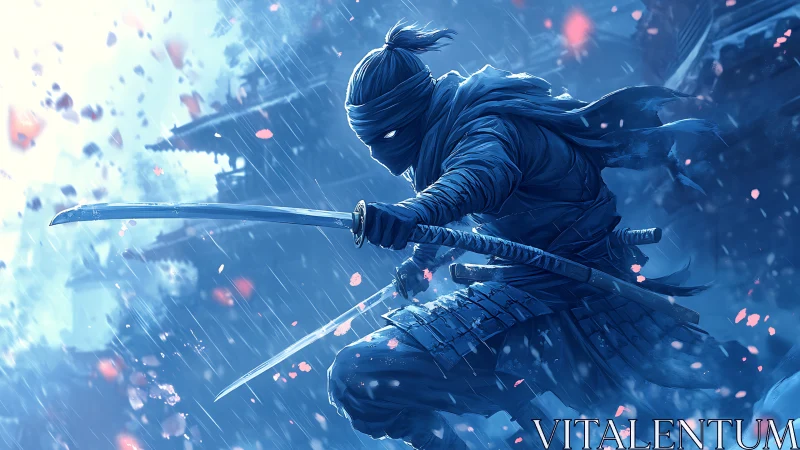 Masked blue-clad warrior poised with dual katanas in rainstorm.
