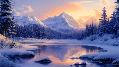 Snowy river valley below glowing mountains at sunset.