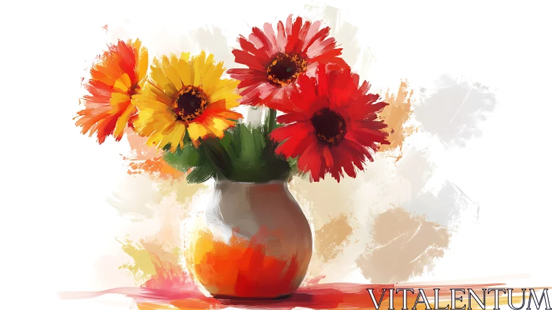 Polychromatic Gerbera Arrangement in Ceramic Vessel: Digital Painting.