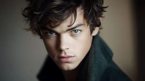 Moody close-up portrait of young male with intense green gaze