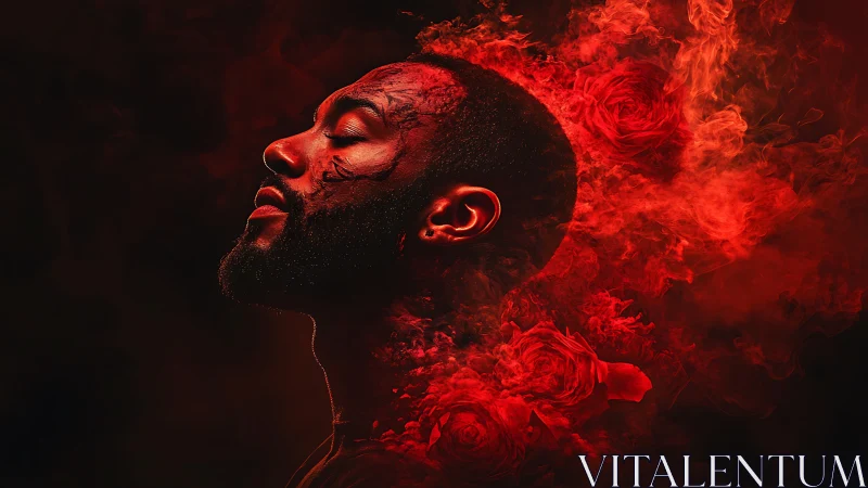 Digital portrait profile in red smoke halo with embedded roses