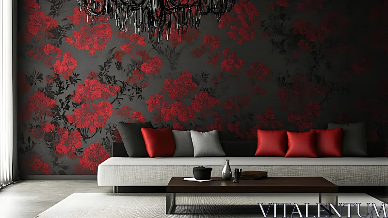 Floral wallpapered living room displays linear sofa arrangement