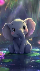 Stylized young elephant sits on lily pads in soft lighting