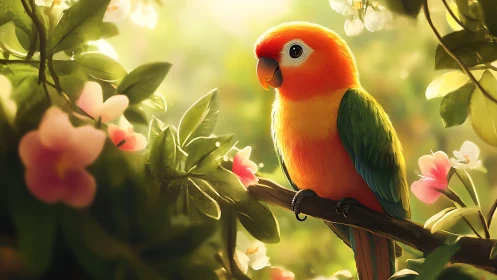 Vibrant parrot perched on branch in dreamy floral garden scene.