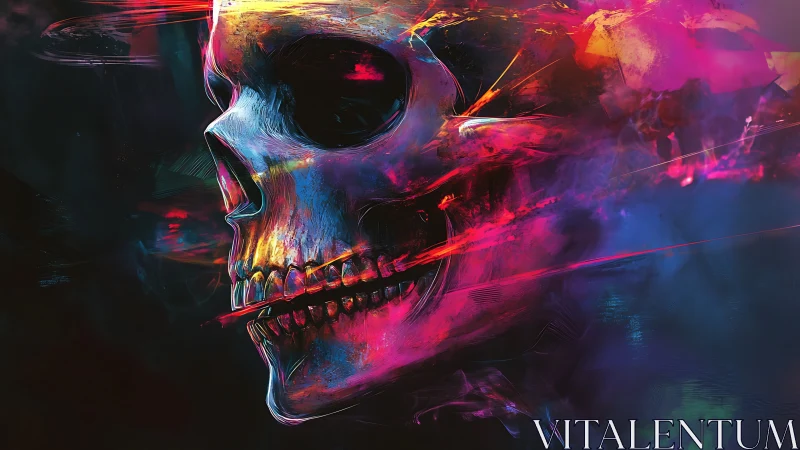 Neon skull ignites a storm of cosmic color and motion.