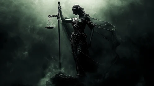 Blind justice strides through storm-darkened judgment clouds