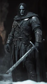 Grim dark warrior stands watch with a weathered steel blade.