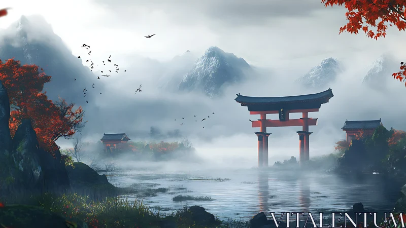 Mist-diffused mountain lake with vermilion torii gate architecture.