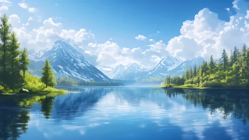 Calm alpine lake with snow mountains and forest reflections.