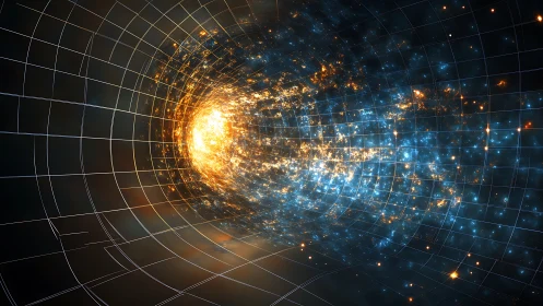Starlit spacetime tunnel pouring into a blazing quantum core.