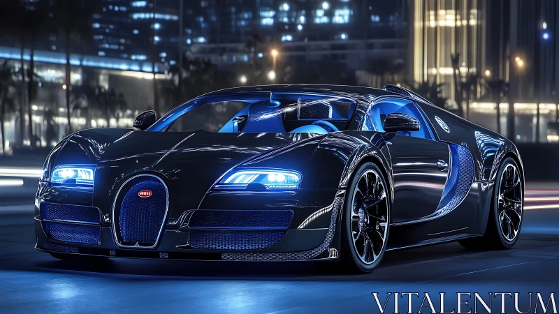 Black hypercar glides through neon city streets at night.