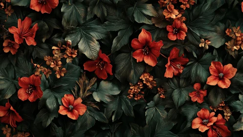 Dark botanical pattern with rich red floral bursts.
