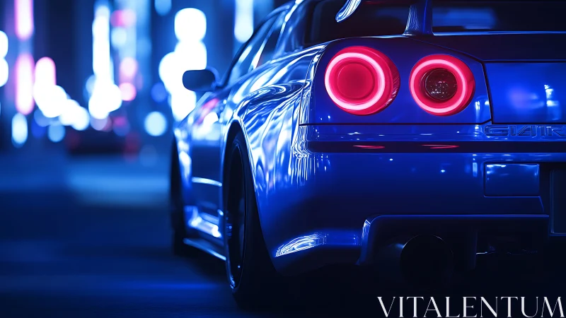 Midnight blue sports car glowing under soft neon lights.