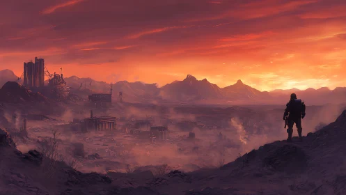 Solitary explorer overlooking burning post-apocalyptic valley.
