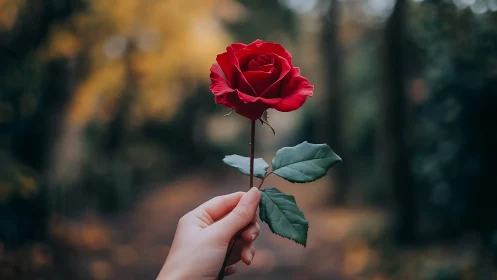 Single Red Rose with Green Foliage Held in Hand Against Blurred Garden